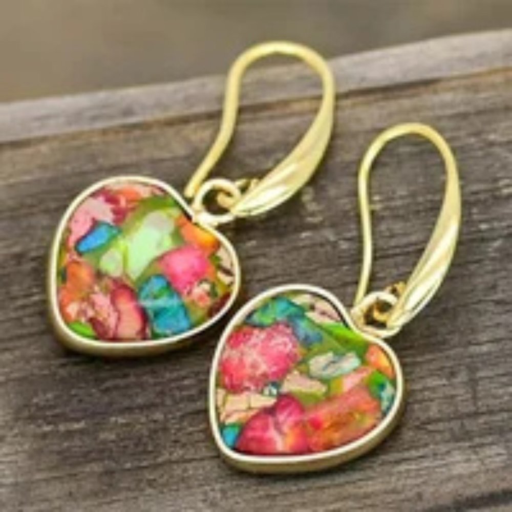 Sea Sediment Jasper Gemstone Heart Shape Boho Healing Protection Women Earrings